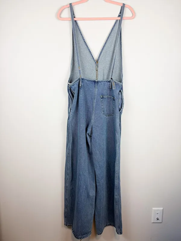 Lel Lab Denim Wide Leg Jumpsuit Baggy Plunging Neck Open Back Size 38/ Medium - Image 6
