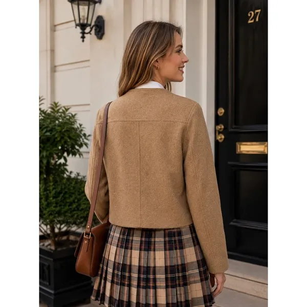 ZARA Cropped Jacket Light Brown Tan Gold Hammered Snaps Preppy Chic Small - Image 7