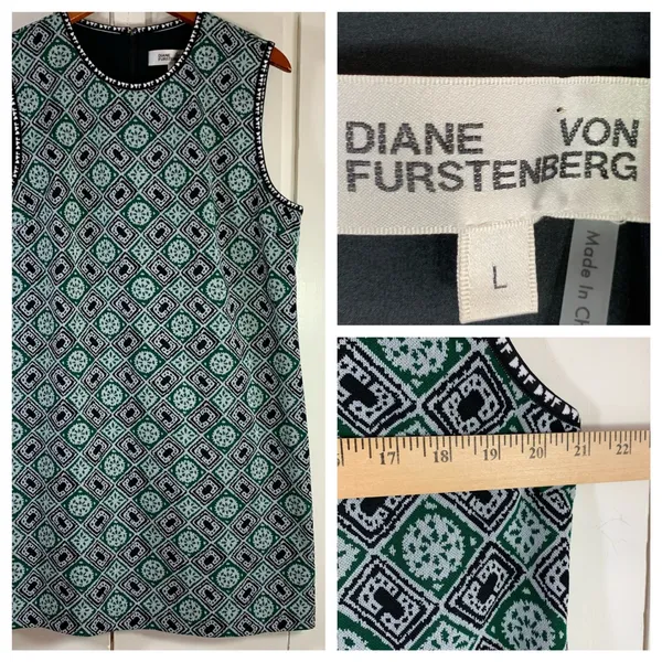 Diane von Furstenberg Green Geometric Medallion Shift Dress Large‎ Sophisticated - Image 10
