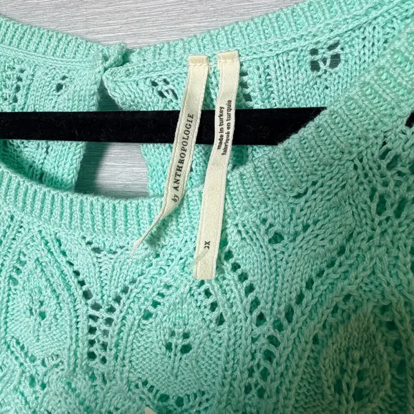 Anthropologie Mint Green‎ Pointelle Eyelet Knit Short Sleeve Keyhole Top 2X - Image 5