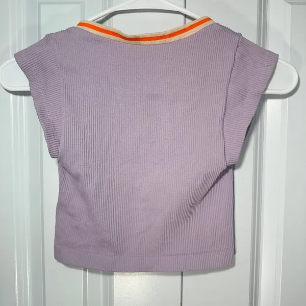 Out From Under Go For Gold Seamless Ribbed Crop Top XS/S Purple Split Neck - Image 3