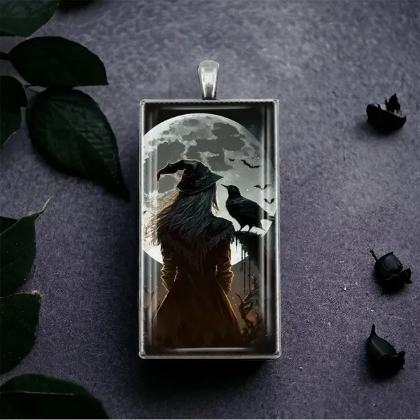 1pc Witch & Crow Pattern Rectangular Pendant Necklace Exquisite Silver Plated‎ - Image 3