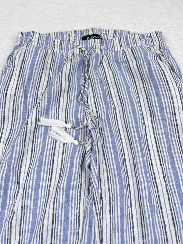 Ellen Tracy Linen Blend Striped Wide Leg Pants Blue White Size S - Image 3