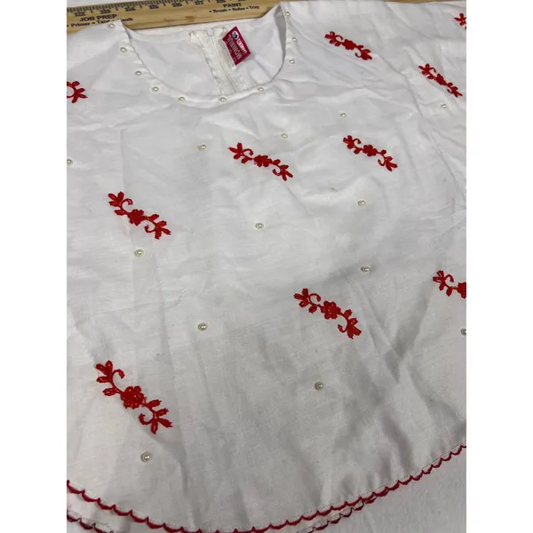 VTG Monirul Garments W XL White Red Embroidered Pearl Scalloped Blouse Top India - Image 2
