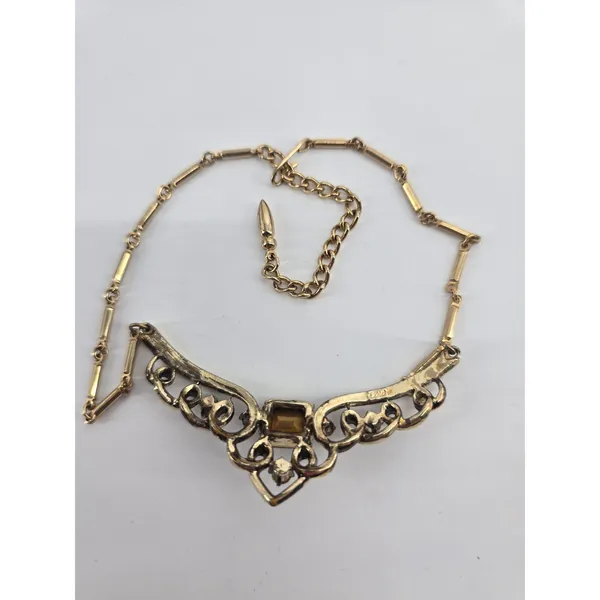 Coro Bib Necklace Women OS Art Deco Revival Gold Green Rhinestone EUC - Image 3