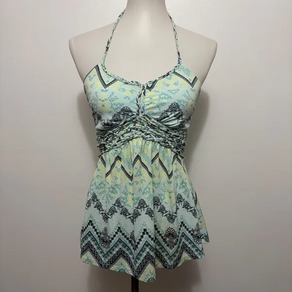Vanity Halter Top Small Mint Green Geometric Floral Braided Empire Babydoll Boho - Image 2