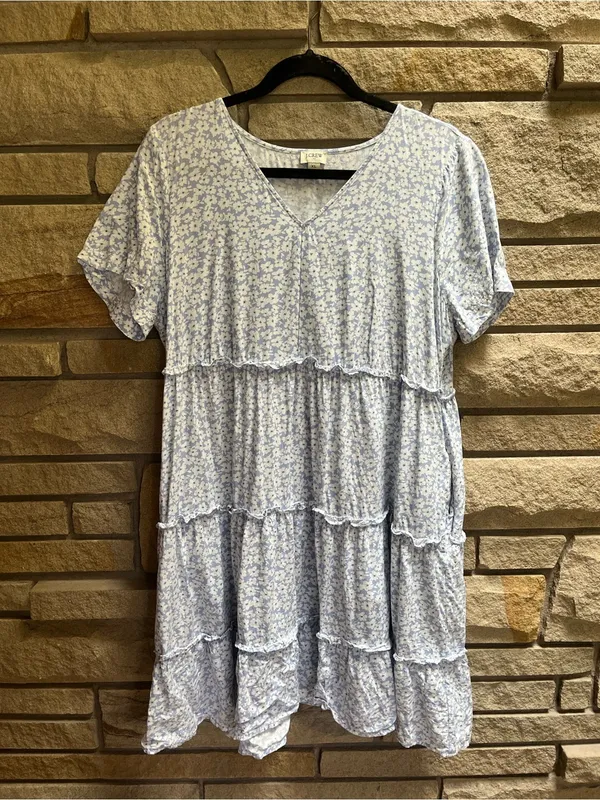 J.Crew V-neck Ruffle Tiered Mini Dress Blue Floral Sundress Babydoll XL - Image 2