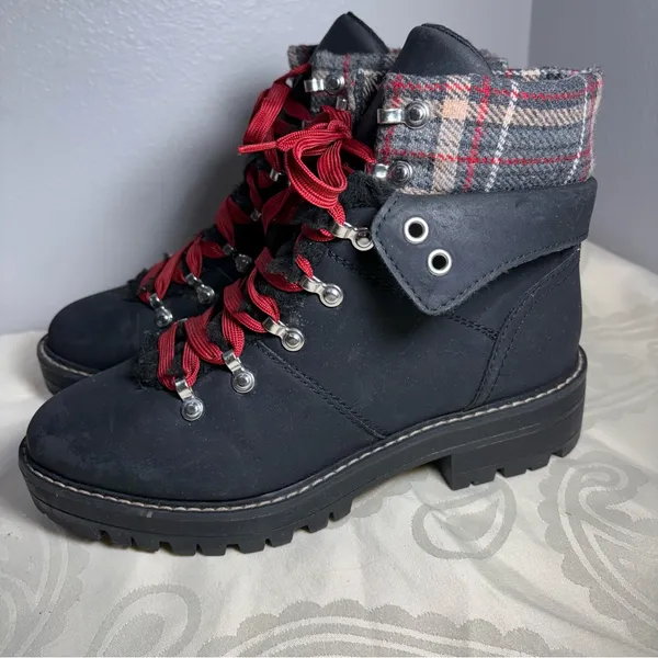 No Boundaries Black Lace-Up Boots with Red Laces and Plaid Cuff - Image 5