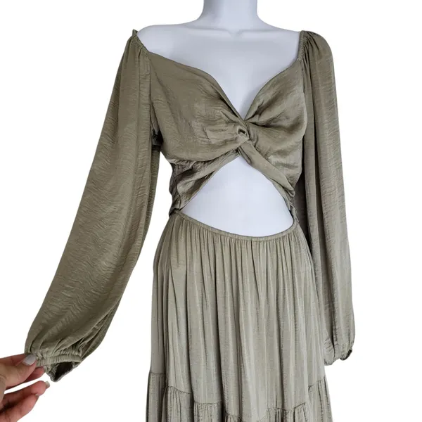 Anthropologie Mable Twist Cutout Tiered Maxi Dress Medium Green Puff Sleeve - Image 14