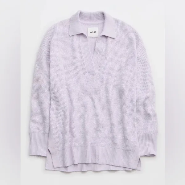 Aerie CozyUp Waffle Polo Sweater Lavender Dawn Purple Oversized Baggy Knit - Image 2