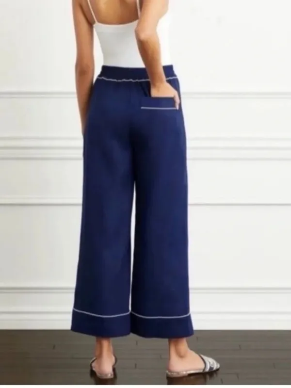 Hill House The Skylar Navy Blue Linen Wide Leg High Rise Pants Small - Image 2