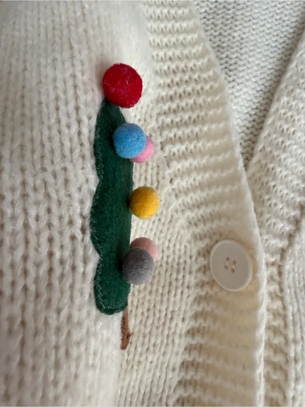 Luna Ivy Christmas Tree Pom Pom Cardigan Sweater Ivory Women’s M - Image 4