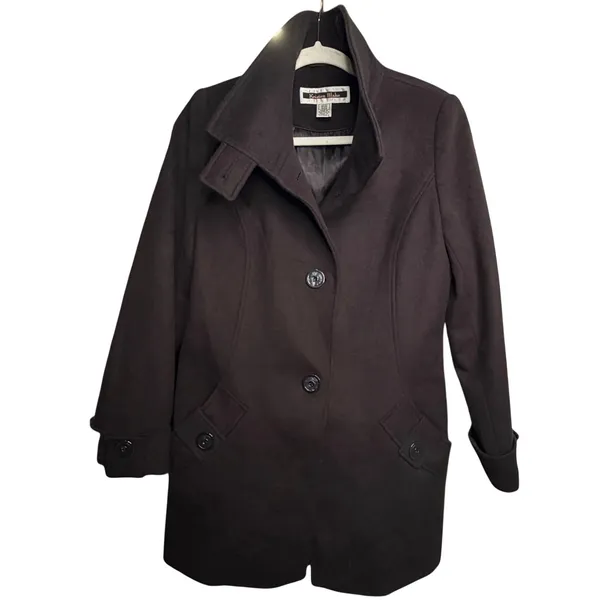 Kristen Blake Single Breasted Fine Australian Wool Button Pea Coat Brown S 6 - Image 9