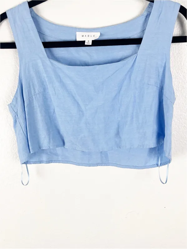 MABLE Light Blue Linen Blend Crop Top Small Casual Neutral Spring Summer Boho - Image 6