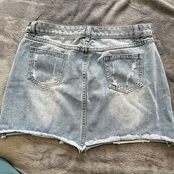 Jean Mini Skirt Denim Distressed Faded Y2K Punk Grunge Summer Festival Size 14 - Image 2