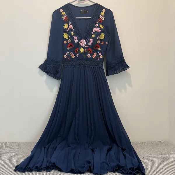 ASOS DESIGN Floral Embroidered Lace Pleated Midi Dress - Navy | Size 2 - Image 2