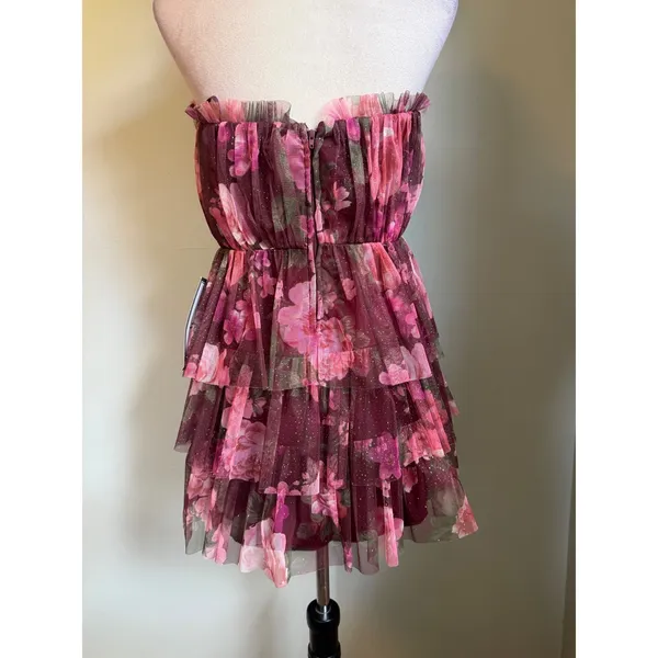 Y2k fairy whimsi bohoFloral Glitter Tulle Strapless Tiered Mini Dress BurgundY 9 - Image 4