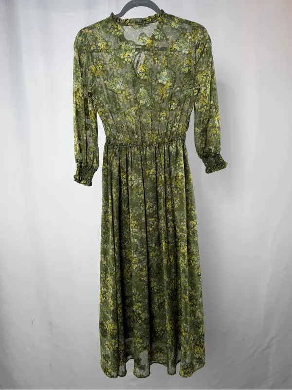 A.V.V. Standard Floral Tie-Neck Long Sleeve‎ Midi Dress in Green Size Small - Image 3