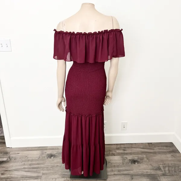 [Baltic Born] Maroon Amalfi Smocked Off The Shoulder Ruffle Maxi Dress Sz Medium - Image 4