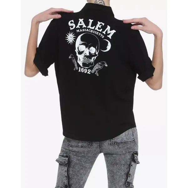 Hot Topic Skull Salem Oversized Button Shirt Womens S Black Goth Witch Moon - Image 3