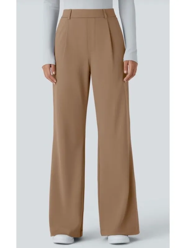 Wide-Leg Camel Trousers Womens Size L High Waist Polyester Blend Dress Pants New - Image 8