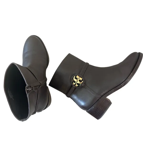 Tory Burch Miller 45mm Leather Ankle Booties Espresso Brown Gold Logo 8.5M - Image 10