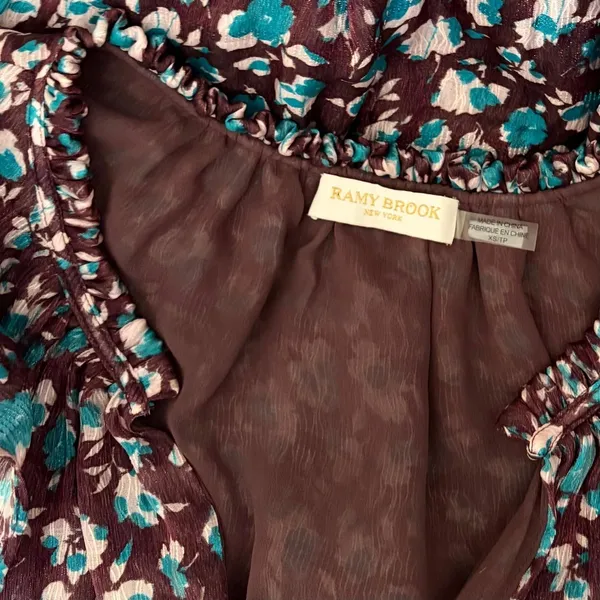 RAMY BROOK Silk Penelope Dress Roco Floral Mini Ruffled Smocked Purple Teal XS - Image 12