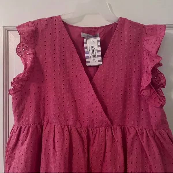 Women’s Pink Eyelet V-Neck Mini Dress - Image 4