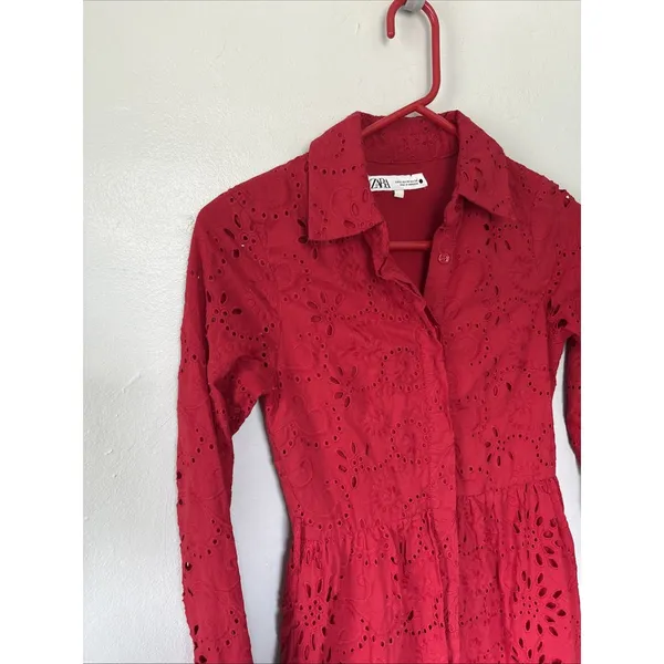 Zara Women eyelet embroidered dress Red 8420/916 Size XS x-small - Image 4