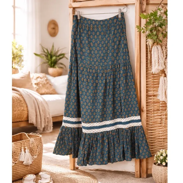 Luna Moon Tiered Maxi Skirt Teal Orange Floral Lace Trim Boho Festival‎ Medium - Image 2