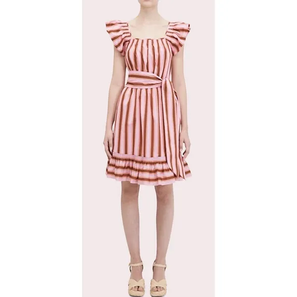 $298 Kate‎ Spade Calais Pink Stripe Ruffle Flutter Dress Size Small Belted!! - Image 2