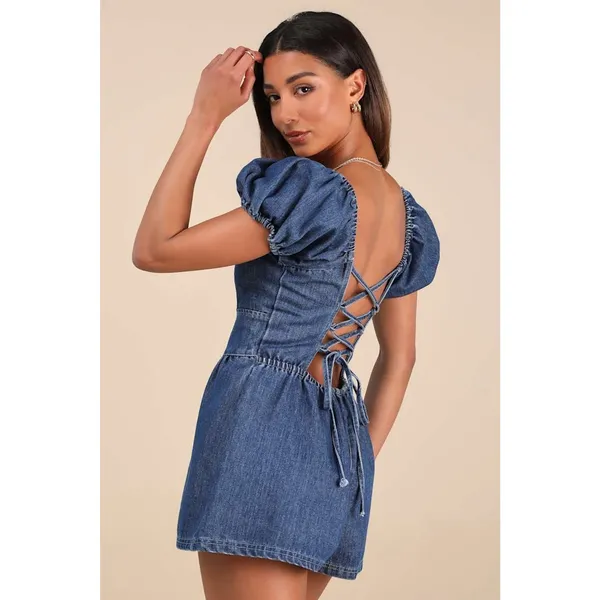 NWT Lulus Feylith Medium Wash Denim Romper Blue Lace Up Back Party Date Size M - Image 3