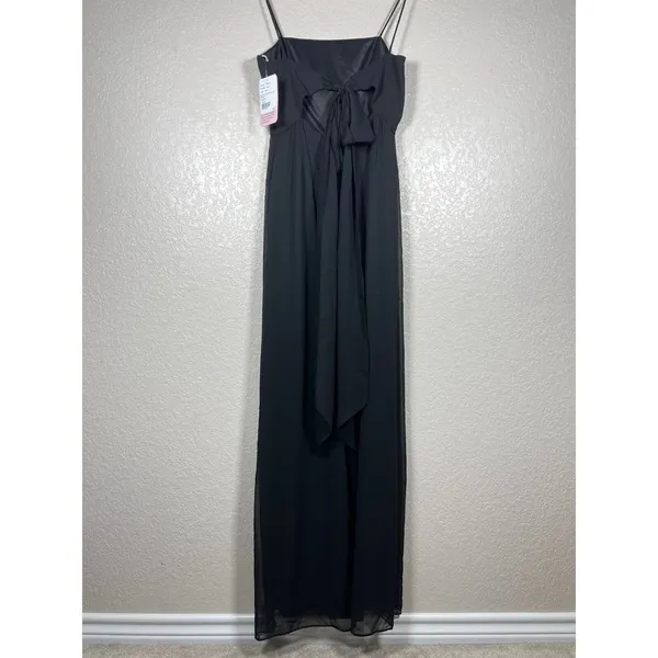 Dessy Collection Square Neck Chiffon Dress Size 2 Black Tie Back Bow Side Slit - Image 8