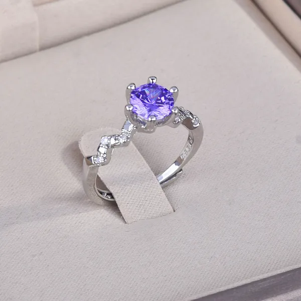 18K White Gold Plated Adjustable Birthstone Purple Crystal Amethyst Ring for Women - Image 3