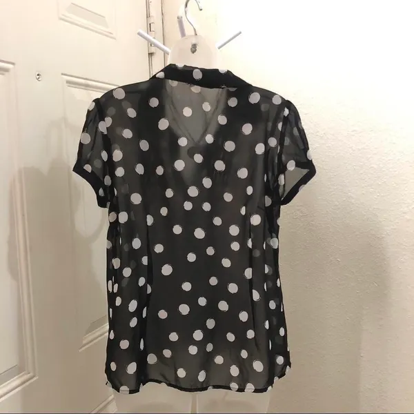 Y2K Office Siren Preppy Vixen Black White Polka Dot Corset Fit Sheer Blouse Shirt Top Button Up Down Short Sleeve blouse #whimsi #gothic #whimsygoth Size 8 - Measurement in pics - Image 3