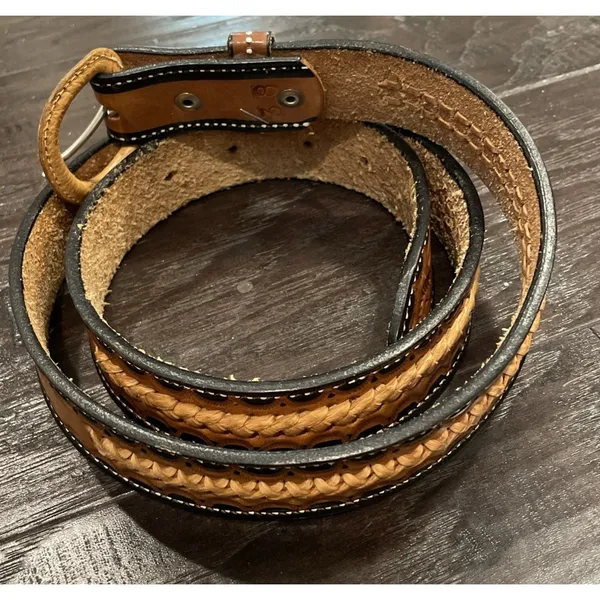 Womens 36"‎ Western Leather Belt Brown Braided Tooled Basketweave Buckle Cowgirl - Image 3