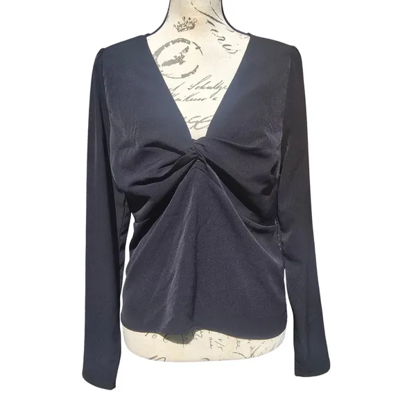 Abercrombie & Fitch Womens Black Twist Front V-Neck Long Sleeve Smocked Blouse L - Image 3