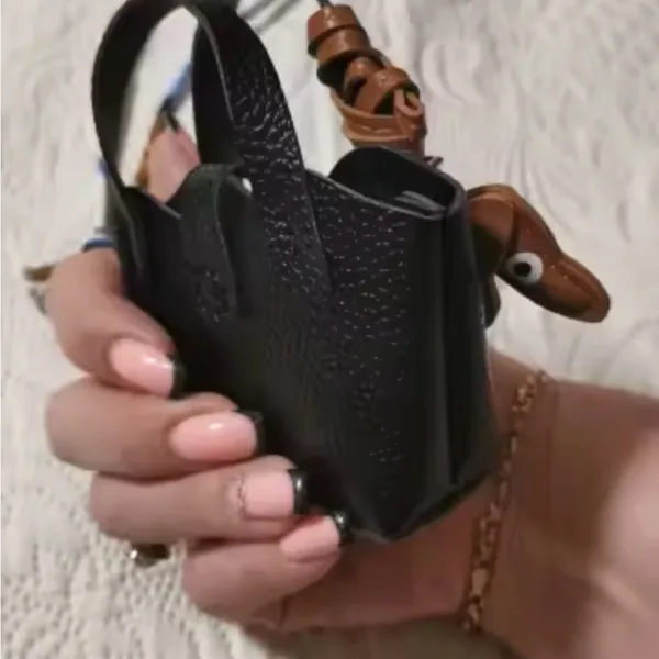 Mini Leather Bag For AirPods Case With Tiny Dachshund As Decor Black Set Brown - Image 4