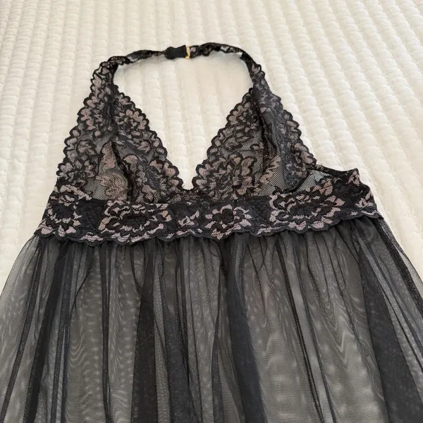 Victoria’s Secret Black Halter Top M Medium Sheer Mesh Lace Slip Dress Lingerie - Image 4