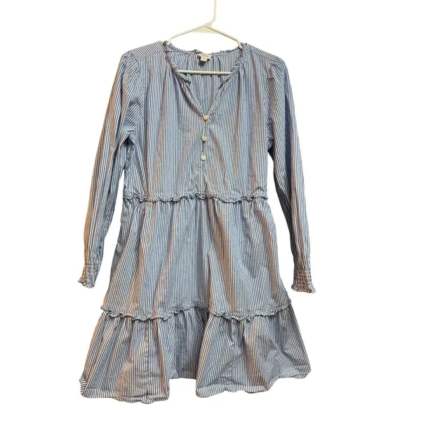 J. Crew Women's Size 12‎ Blue Striped Tiered Ruffle Long Sleeve Dress - Image 2