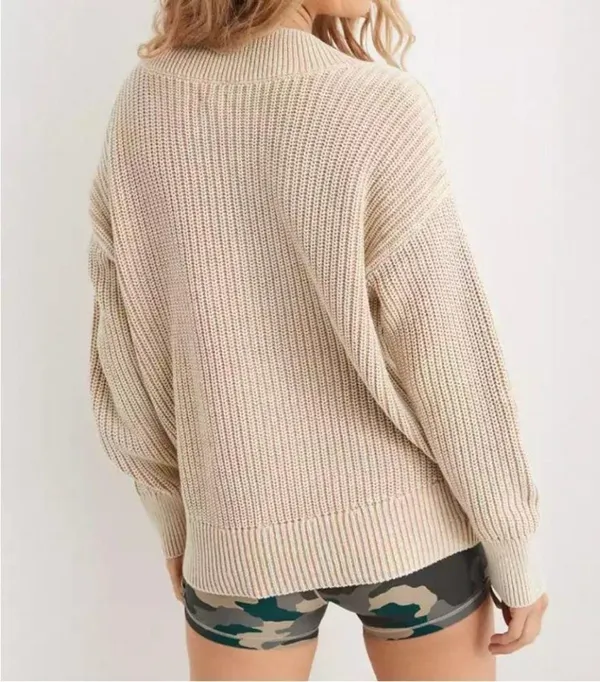 Aerie Sweater Chunky Deep V Neck Oversized 100% Cotton Beige M NWT - Image 2