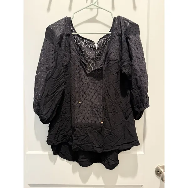 Free People Moon River Easy Top Size Small Black Daisy Lace Peasant Blouse - Image 2