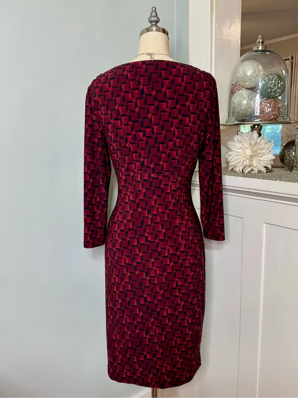 Lauren Ralph Lauren Faux Wrap Sheath Dress Burgundy Black Geometric Ruched Sz 6 - Image 5