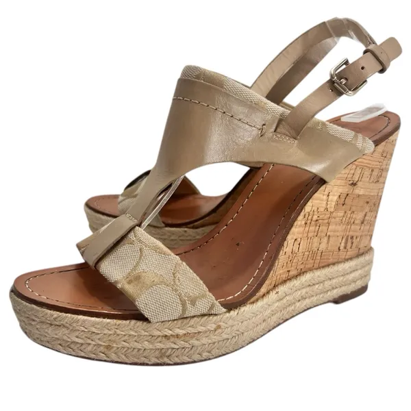Coach Khaki Leather Signature Canvas Mendez Cork Wedges Sandals - Image 15