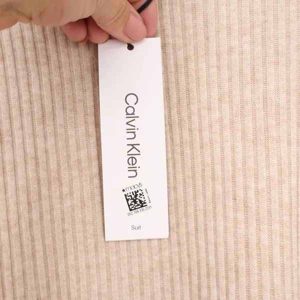 Calvin Klein Womens Ribbed Mock Neck Elbow Sleeve Top Oatmeal Beige L - Image 6