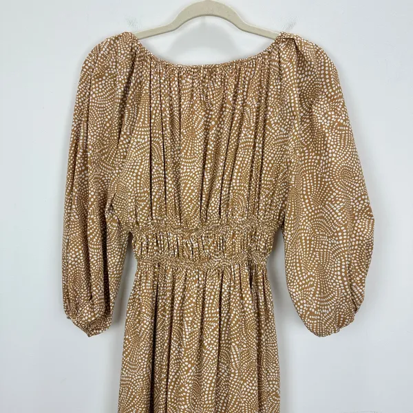 Madewell V Neck Balloon Sleeve Maxi Dress Spiral Dot Tan Smocked Boho US 00 NWT - Image 15