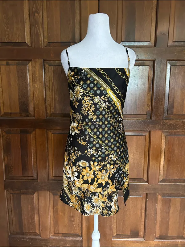 NWT Princess Polly Lucci Mini Dress Size 4 Black Gold Baroque Chain Satin Cami‎ - Image 2