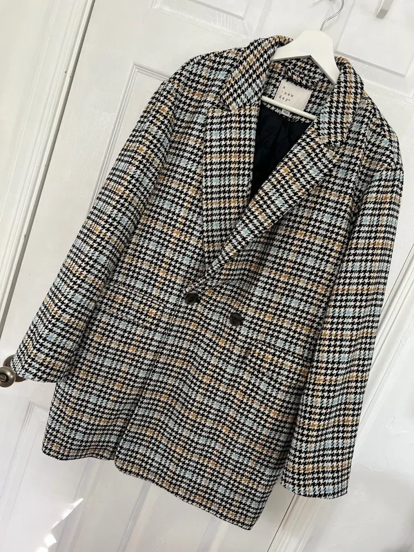 A New Day Houndstooth Plaid Coat L Double Breasted Preppy Academia Chic Blazer - Image 2