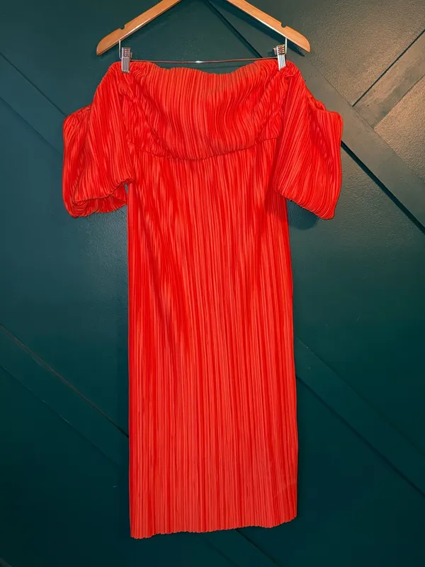 ASOS Plissé Off-The-Shoulder Midi Dress Crinkle Puff Sleeve Size 10 - Image 3