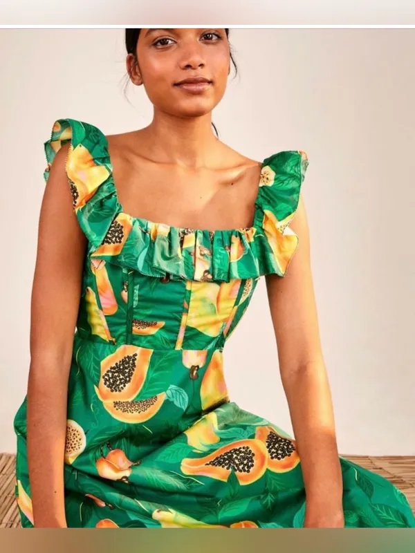 Farm Rio Green Papaya Salad Midi Dress Sz Small Floral Tropical Vacation Resort - Image 3